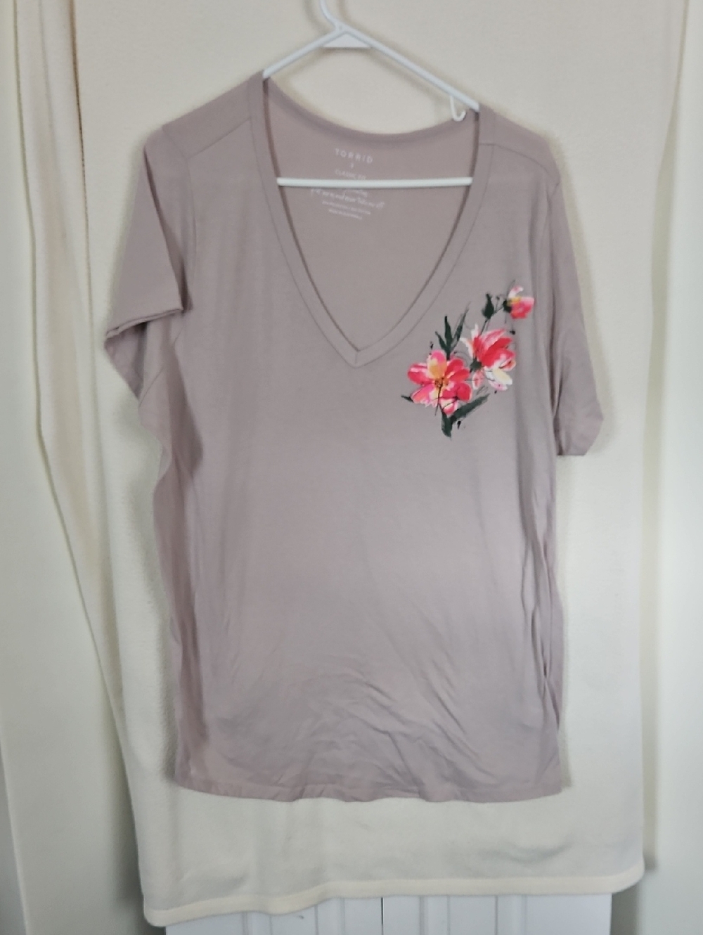 Torrid Light Tan/b5own V-Neck Tee with Pink Floral Applique